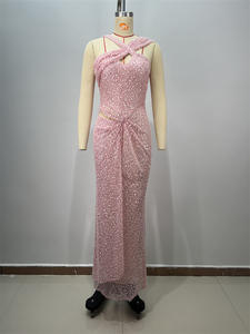 Grenzüberschreitendes Rosa Pailletten Sexy Schulterfreies Maxikleid mit Empire-Taille für Geburtstagsfeiern und Hochzeitszeremonien - Product Image 6