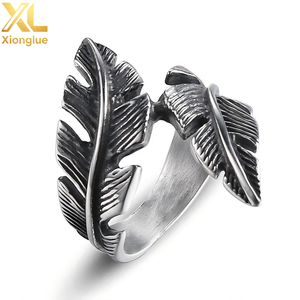 Stainless Steel Feather Retro Fashion Leaves Men's <b>Silver</b> <b>Adjustable</b> Opening <b>Ring</b> - Product Image 1