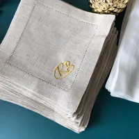 White Hemstitched Cocktail Napkins, French Linen Textile