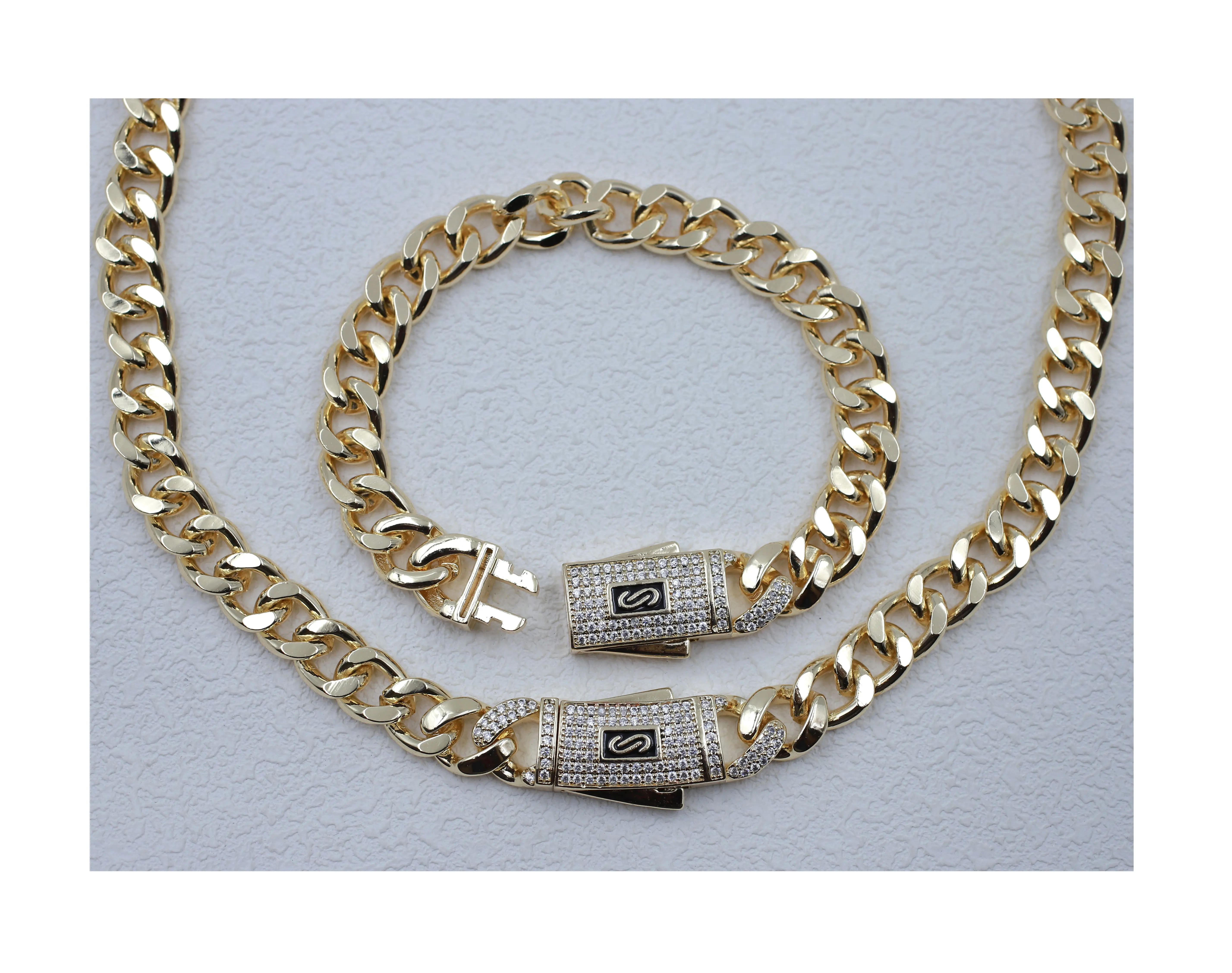 Unisex Fashion Style Premium Texture Heaviness Hip Hop brass cuban link chain 18k gold jewelry set