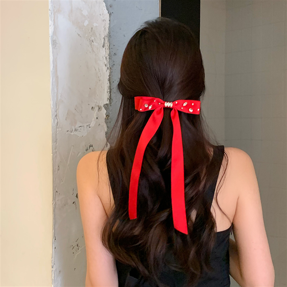 Red/Black Ribbon Bow Hair Clip for Girls Sparkly Rhinestone