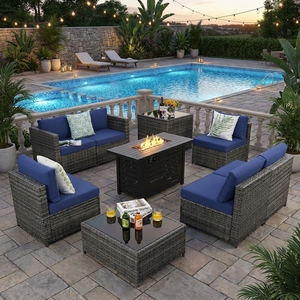 Luxury Outdoor <b>Rattan</b> <b>Sofa</b> Set with Fire Pit Table and Blue Cushions for Patio Garden Backyard Furniture - Product Image 1