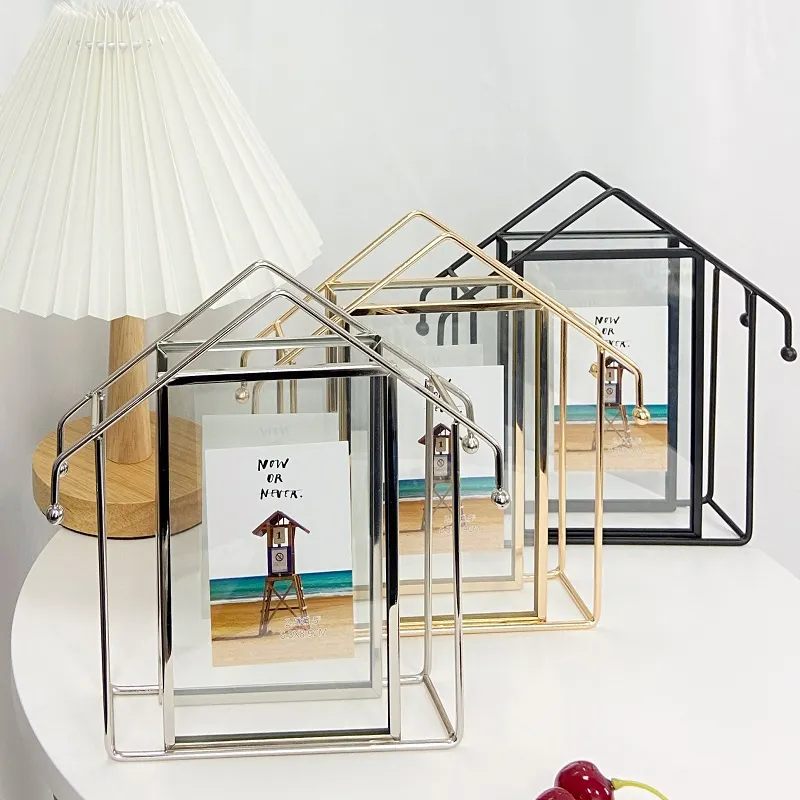 Desktop Family Decor House Frame Clear Double Glass Table Thin Metal Iron Picture Photo Frame