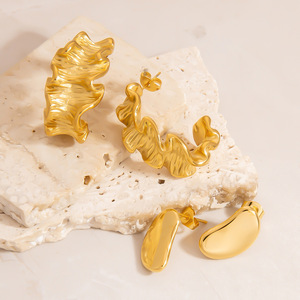 Stud <b>Earrings</b> Irregular Pleated C Shape 18K Gold Color Stainless Steel <b>Post</b> Fashion Jewelry - Product Image 2