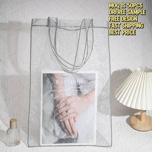 Nuovo Design grigio Organza Tote Bag con Logo personalizzato stampato da viaggio moda Organza manico regalo di nozze Shopping Bag - Product Image 5