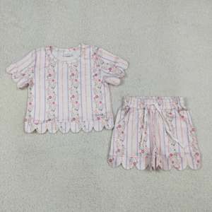 ชุดเสื้อผ้าเด็กผู้หญิงลายดอกไม้และลายทางสำหรับฤดูร้อน GSSO3728 rts ขายส่งเสื้อผ้าเด็กผู้หญิงแขนสั้น - Product Image 1