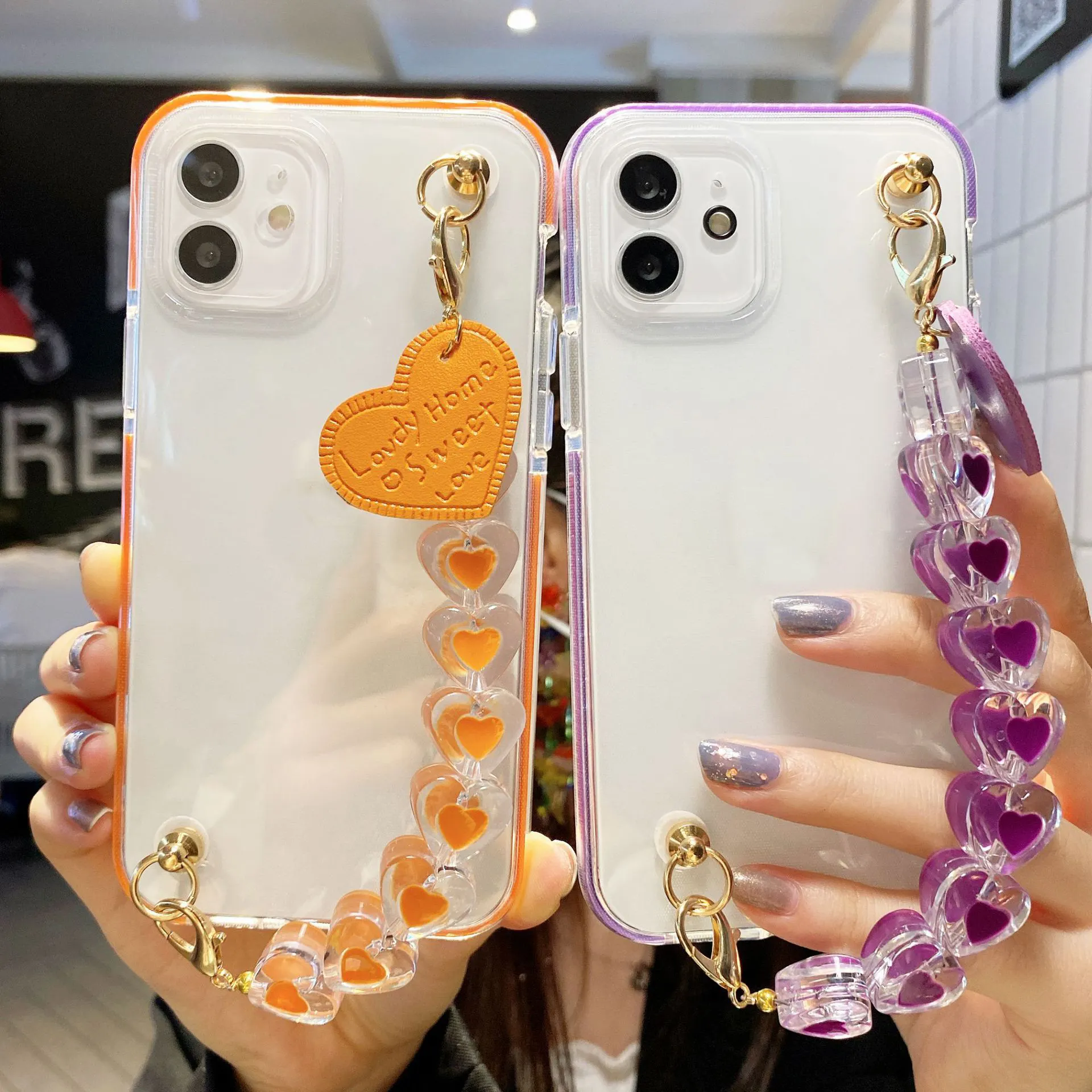 Cute Cartoon Case With Love Pattern Lanyard Back Cover Chain Coupling Case For iPhone 13 12 11 Mini Pro Max XR XS