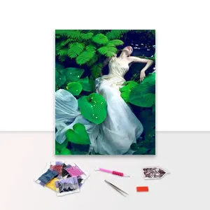 Wholesale Diy Diamond Painting Woman In White Long Dress Lying In Green Leaves Diamond Embroidery Wall Art Factory