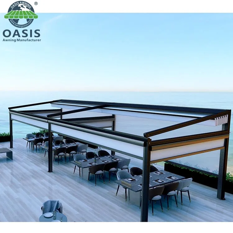 Custom Balkon Moderne Luxe Tuin Waterdichte Automatische Terras Intrekbare Dak Pvc Pergola Met Led-verlichting En Side Schermen