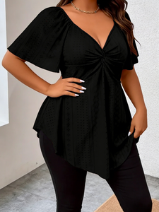 Blusa Peplum Joyinspring Talla Grande Negra con Cuello en V, Detalle Trenzado Frontal, Manga con Volantes y Bordado de Ojales - Product Image 3