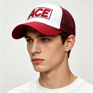 Casquette Trucker Bicolore 6 Panneaux avec Broderie Personnalisée Logo Rouge Vin et Blanc, Dos en Maille, Fermeture Snapback, Unisexe, Respirante pour l'Été et l'Extérieur - Product Image 1