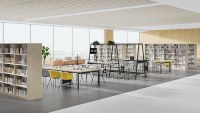 Mesa Colaborativa Ajustable en Altura con Asientos Integrados, Estante de Almacenamiento, Iluminación LED y Bandeja para Cables para Oficina Moderna