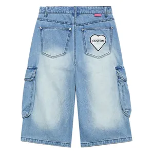 OEM Dongguan City Men Streetwear High Quality 100% Cotton Button Snap Pockets Embroidery Denim Shorts
