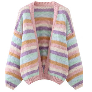 Cardigan tricoté à rayures arc-en-ciel pour femmes, manteau pull couleur bonbon en coton pour petites femmes - Product Image 1