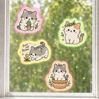 Autocollants personnalisés imperméables en PVC vinyle décoratifs, autocollants électrostatiques pour fenêtre, imprimés UV, motif chat kawaii et plante, pour verre et mur