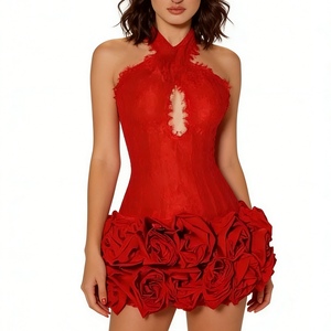 Robe mini corset florale à ourlet rose pour femme - Robe moulante à col halter avec dentelle pour femme - Mode féminine - Product Image 2