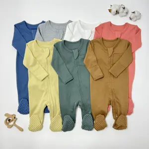 Spring Autumn Wholesale Toddler 100% Organnic Cotton Pajamas Long Sleeve Zipper Baby Footed Pajamas Infant Romper