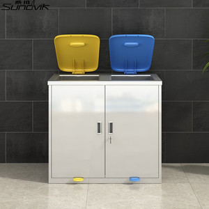 Hongming Stainless Steel Hospital Waste <b>Cabinet</b> 304 Dual Compartment Foot Pedal <b>Lockable</b> Medical <b>Storage</b> Unit - Product Image 1