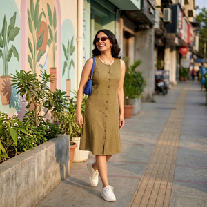 Vestido de mezclilla de algodón color oliva para mujer, sin mangas, con cuello redondo y botones, vestidos casuales para mujer con tela ligera y a la moda. - Product Image 1