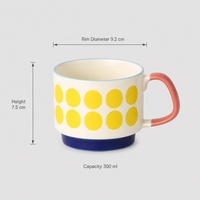 Mug en céramique à pois, tasse à café rétro jaune à pois, mug blanc crème 300 ml avec poignée rose corail, logo personnalisé, OEM, vente en gros, cadeau