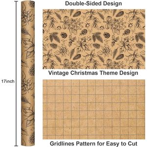MAYPLUSS Kraft Christmas <b>Wrapping</b> <b>Paper</b> 17 Inch X 33 Feet Holly Berry Pinecone Pattern Brown Packaging <b>Paper</b> - Product Image 3