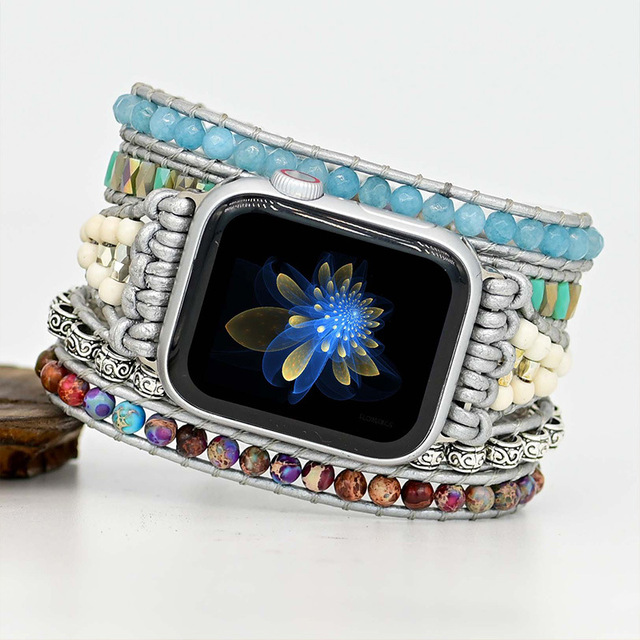 Bohemian Handmade Ethnic Nomad Natural Moissanite Jade and Stone Bead Wrap Gems Rice Bead Strap Boho Watch Band for Apple Iwatch