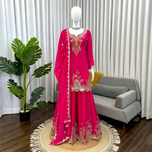 Ensemble Salwar Kameez Sharara en Georgette brodée rose, tenue traditionnelle indienne pakistanaise pour femmes, pour les fêtes et les mariages - Product Image 1