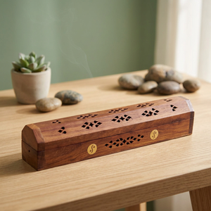 Brûleur d'encens artisanal en bois de santal avec incrustations en laiton, support de rangement aromatique - Product Image 3