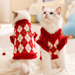 <b>Cat</b> Sweater Red Diamond Pattern Warm Winter Clothes For Small Medium <b>Cats</b> Pet Festival Style Cozy Knitwear - Product Image 1