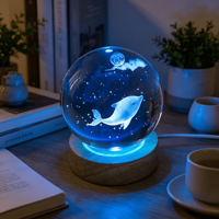 3D Laser Gravure Art Boule De Cristal Méduse Dauphin Étoile De Mer Baleine Shell USB LED Veilleuse Maison Chambre Lampe Décorative