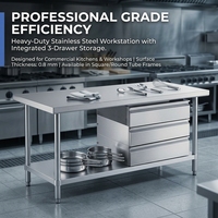 Mesa de Preparación con 3 Cajones, Acero Inoxidable, Estante Inferior Ajustable, Almacenamiento de Utensilios, Patas Niveladoras de 0.8mm, Cocina Comercial