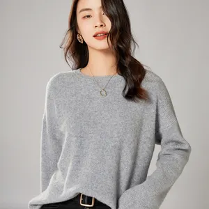 Benutzer definierte Rundhals ausschnitt Wolle Pullover Frauen gestrickt Pullover Herbst Winter schlichte Pullover bescheidene elegante Pullover