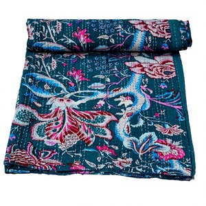 Couvre-lit Kantha imprimé à la main du Rajasthan, réversible, vintage, écologique, toutes saisons, double taille, 100% coton biologique - Product Image 1
