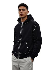 Felpa con Cappuccio Oversize Y2K Gotica Streetwear Personalizzata all'Ingrosso, Nera con Borchie Metalliche e Zip - Product Image 1