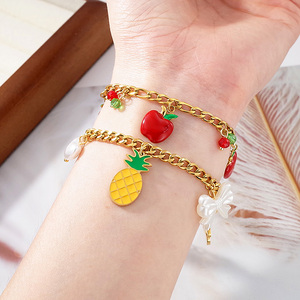 Pulsera de Perlas y Dijes de <span class=keywords><strong>Frutas</strong></span> Esmaltados de Acero Inoxidable Personalizados de Moda, Cadena Cubana Impermeable, Joyería para Mujer al por Mayor - Product Image 1