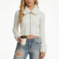 Veste courte zippée en tricot côtelé blanc avec col et poignets en fausse fourrure, haut tricoté à manches longues, cardigan pour femme