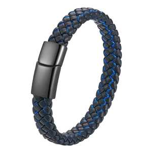 Pulsera de Cuero Tejido con Acero Inoxidable de 21 cm, Cierre Magnético, Regalo para Hombre, Joyería, Patrón Cosido en Negro y Azul - Product Image 4