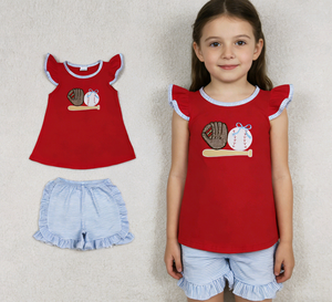 Conjunto de Ropa Infantil de 2 Piezas RTS para Primavera/Otoño, Camiseta Casual con Estampado de Béisbol y Bordado para Niñas Pequeñas, Pantalones Cortos con Volantes - Product Image 1