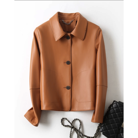 3231 Autumn New Design Genuine Leather Jacket Long Sleeves Short Style Orange Leather Jacket for Women