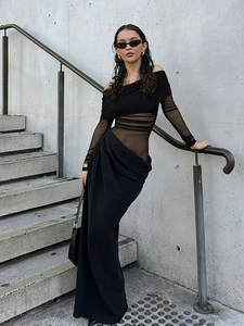 Mesh See Though <strong>Dress</strong> Wholesale Off the <strong>Shoulder</strong> <strong>Maxi</strong> <strong>Dress</strong> Custom logo Solid Color Simple <strong>Dress</strong> Factory Direct - Product Image 2