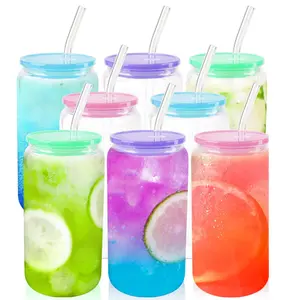 Wholesale 16oz 18oz Clear Beer Can Tumbler Jar Smoothie Cups Can Shaped Glass Cups With Colored Silicone Acrylic Lids