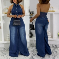 Combinaison en Jean Chic Femme, sans Manches, Col Halter, Jambes Larges, Élégante pour Boutique