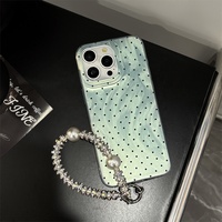 Casing HP Mint Green Polka Dot untuk 18promax dengan Rantai Pita 17 Apple 16 Rantai Perak Keras Motif Gelombang