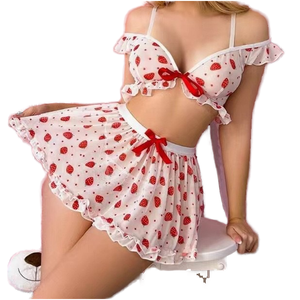 Vanfound 80003 Comodo Completo Estivo Casual con Gonna Corta, Grazioso <span class=keywords><strong>Pigiama</strong></span> con Motivo Floreale a Fragola e Inserti in <span class=keywords><strong>Pizzo</strong></span> - Product Image 1