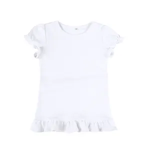 사용자 정의 단색 프릴 짧은 소매 소녀 티 탑 셔츠 소녀 100% Combed 코튼 일반 흰색 티셔츠