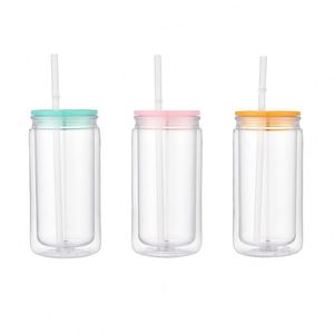 Gobelet en plastique transparent de 16 oz, écologique, type Mason Jar, personnalisable, à double paroi, avec paille, vente en gros - Product Image 1