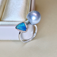 Bague de luxe en or 18 carats avec opale, diamant naturel 0,046 ct, perle baroque blanche d'Australie de mer du Sud bleu sang naturel 12-13 mm