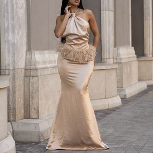 เดรสยาวแขนกุดผ้าซาตินประดับคริสตัลสีทองสำหรับผู้หญิง ฤดูใบไม้ร่วงและฤดูหนาว ขายส่ง - Product Image 1