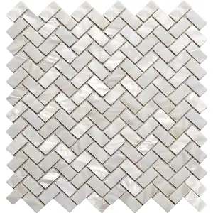 White mother of pearl shell mosaic tile herringbone 12x12 wall backsplash