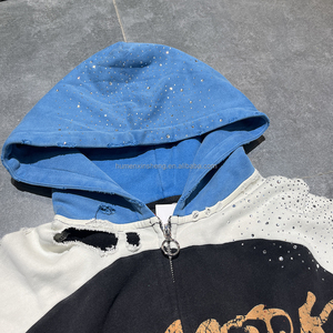 신성 제조업체 의류 맞춤형 컬러 블록 패치워크 디스트레스드 그래픽 프린트 라인스톤 지퍼업 후드 재킷 (남성용) - Product Image 2